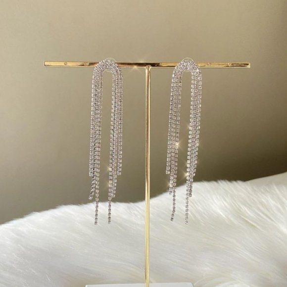 925 Sterling Silver Diamond Drop Earrings Long Bold Statement Earrings - Picture 2 of 4